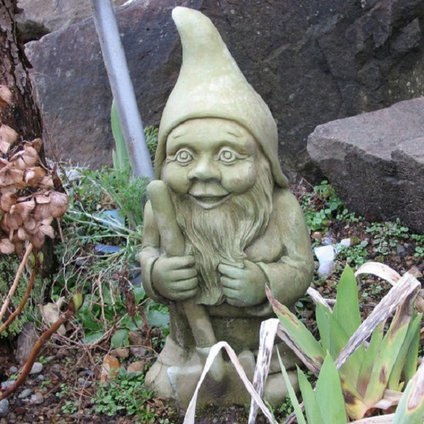 Garden Gnome whimsical cement art decor holding shovel
